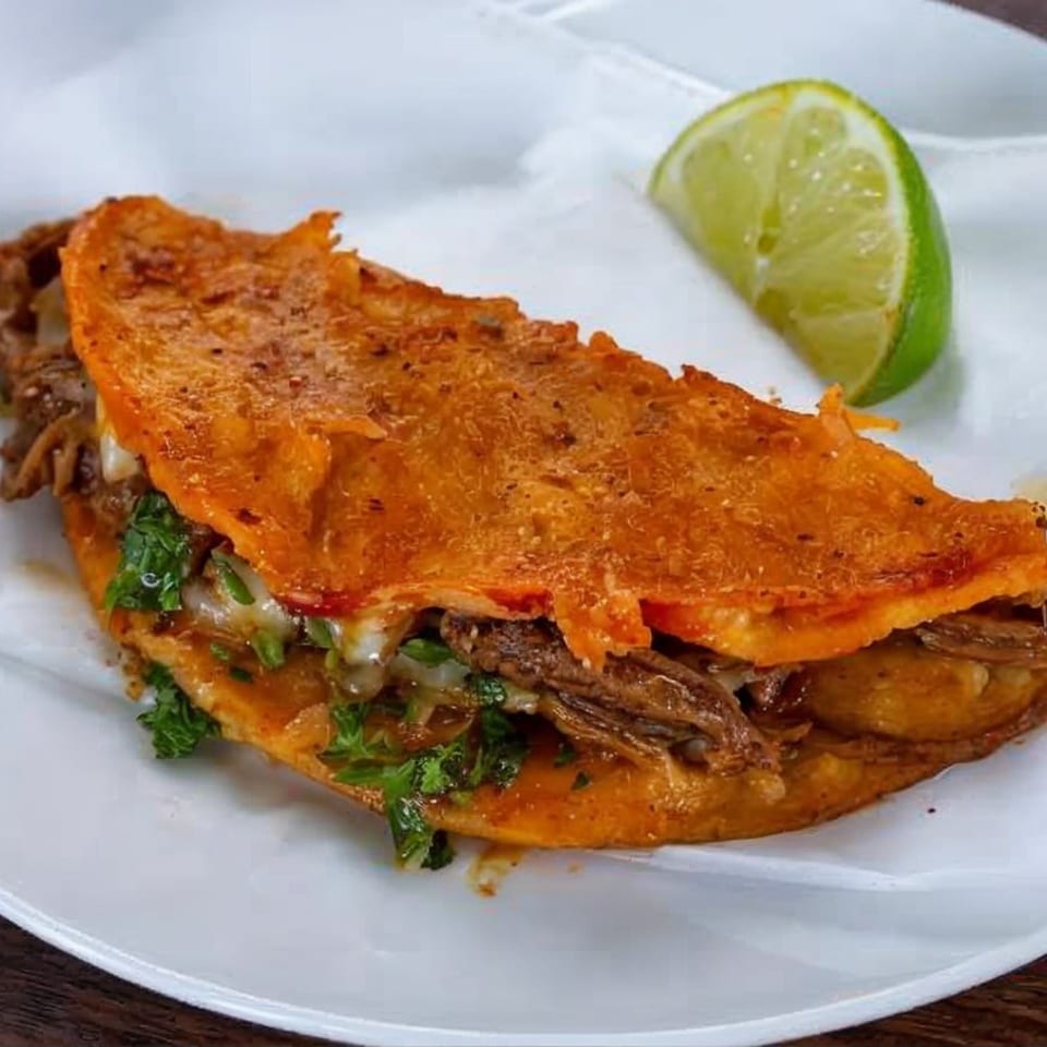 A birria taco with shredded beef, melted cheese, and cilantro, served with a lime wedge.