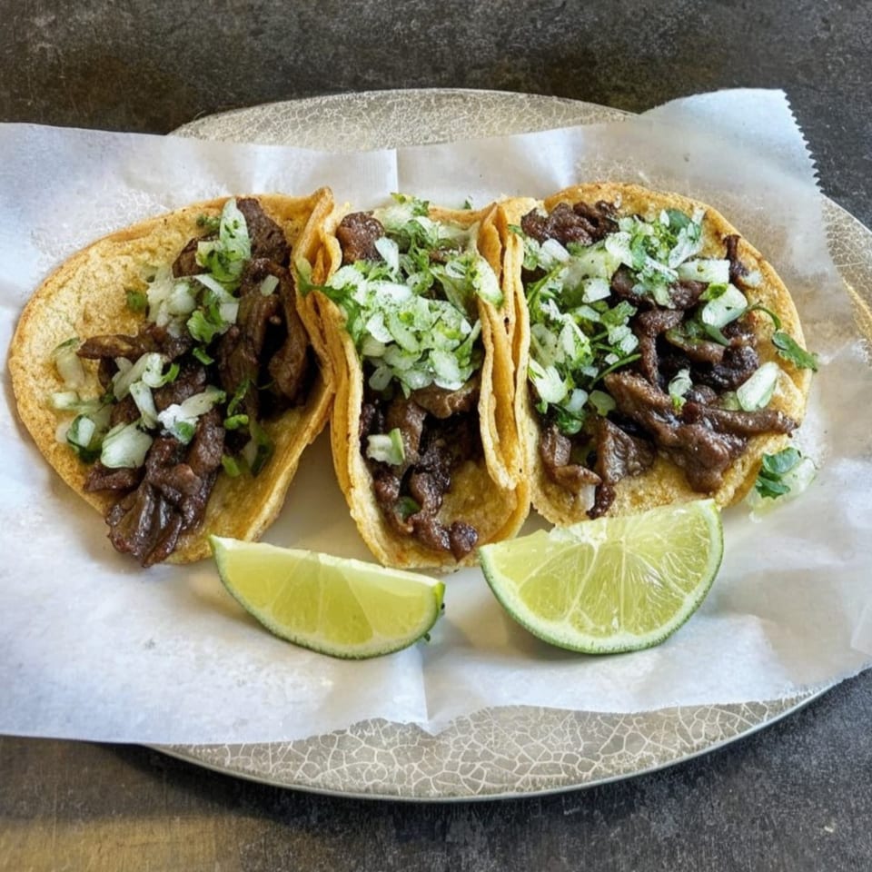 Three carne asada street tacos with onions, cilantro, and lime wedges on a plate.