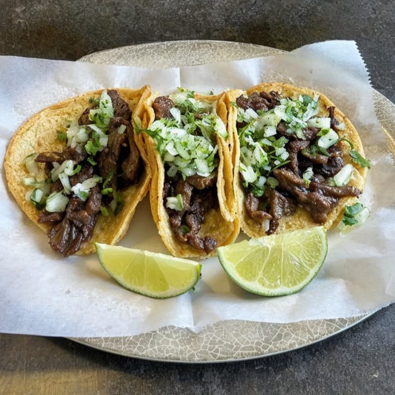 Three carne asada street tacos with onions, cilantro, and lime wedges on a plate.