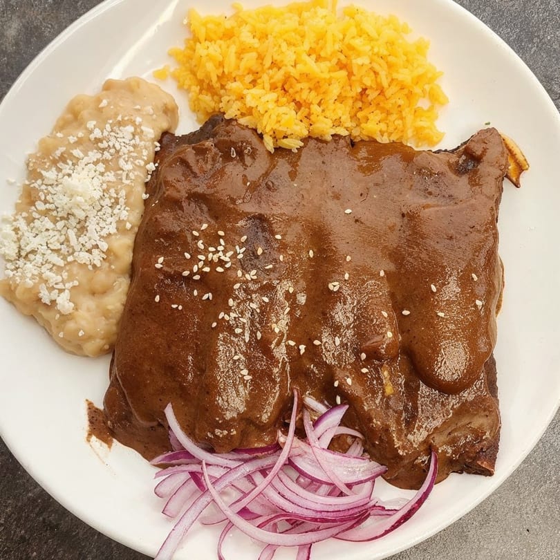 La Perla Tapatia Goshen's mole ribs with yellow rice, refried beans, and red onion.