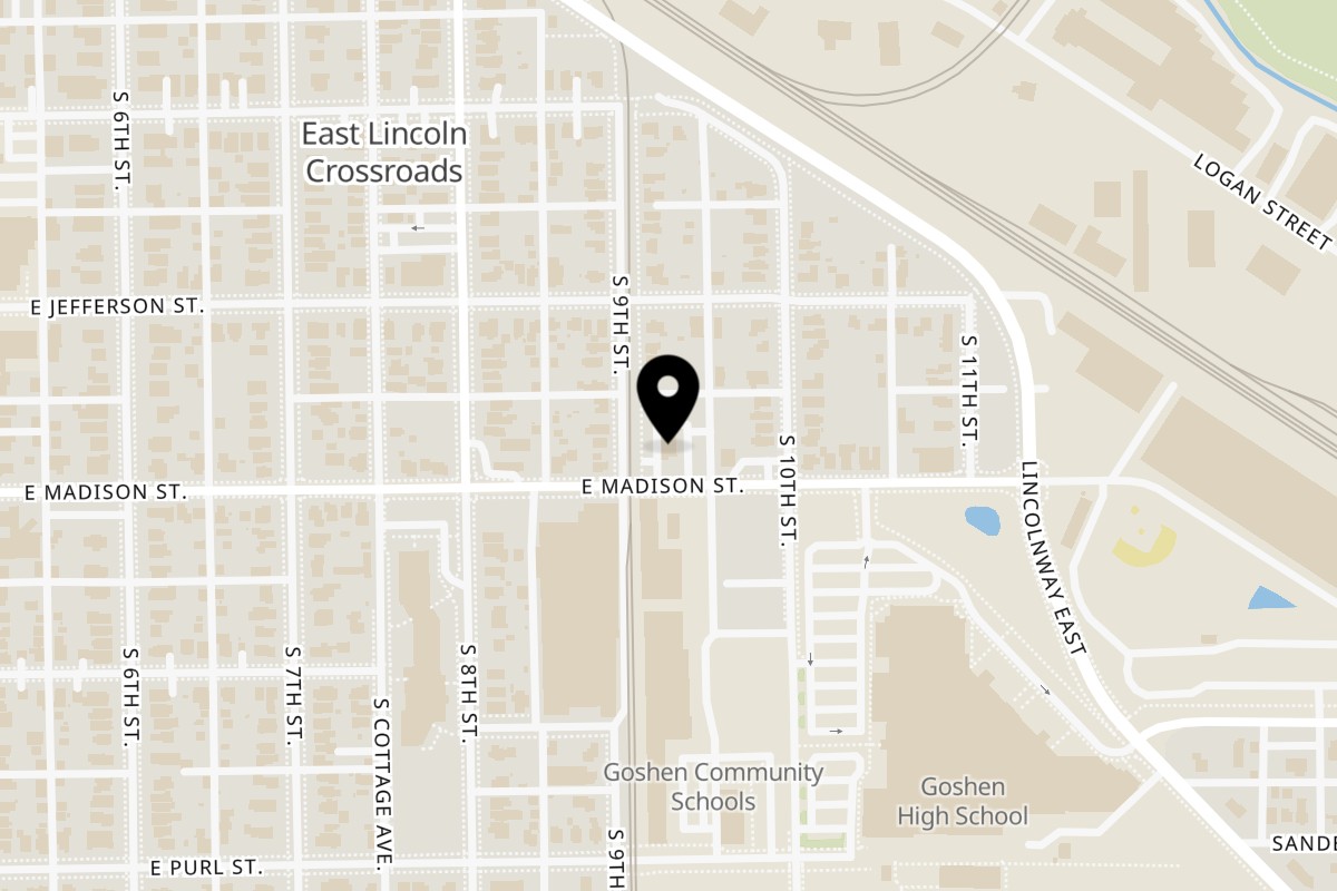 Map showing the location of La Perla Tapatia Goshen on 601 E Madison St in Goshen